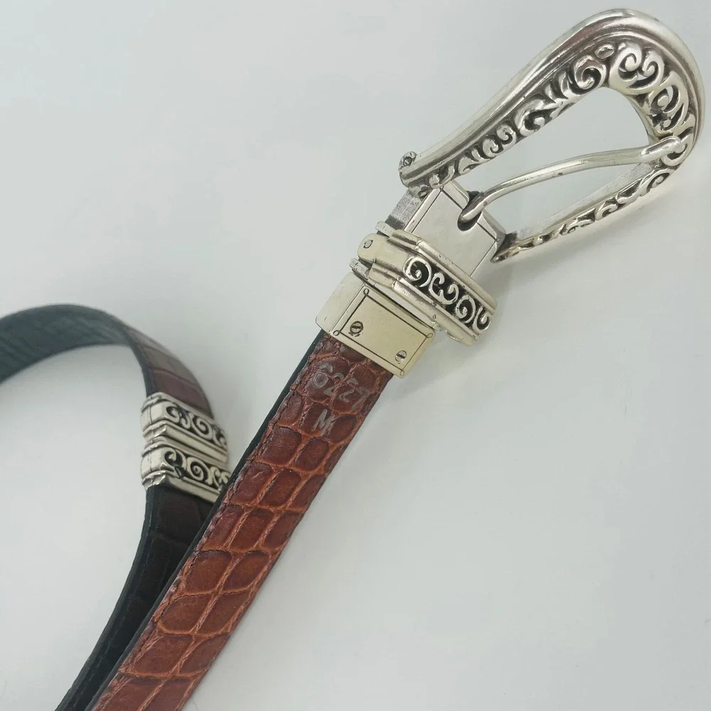 Brown Black Reversible Croc Embossed Leather Belt Ornate Silver Tone‎ Buckle